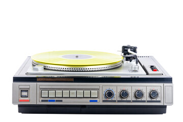 Fototapeta premium Vintage turntable record player with yellow vinyl isolated on white background.