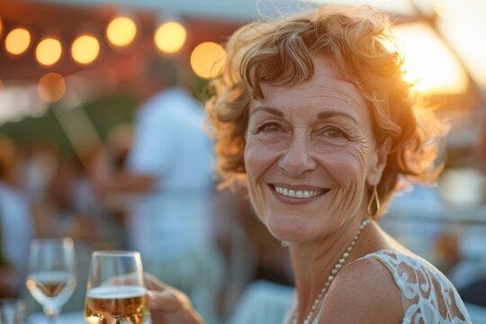 Graceful middle-aged woman enjoying a drink at a sunset party, looking content and joyful in a beautifully set outdoor environment with soft, evening lights and blurred crowd.