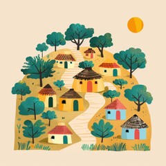 Colorful Minimalist Illustration of Neolithic Village

