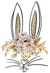 Watercolor illustration of cute floral rabbit ears with pink flower bouquet. Bunny ears with spring floral wreath painting. Happy Easter concept, baby shower, greeting vintage card, banner, poster