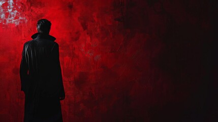 A man in a dark coat stands in front of a red wall