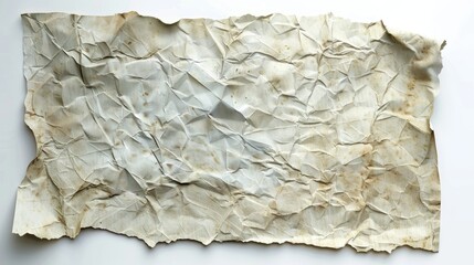 Aged wrinkled paper sheet Empty area White background