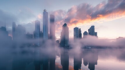 A city skyline during a misty morning, with skyscrapers partially obscured by thick fog rolling in from the nearby river.