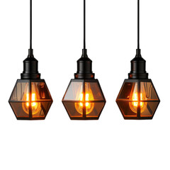 Three lamps with yellow lights hanging from the ceiling on a transparent background.
