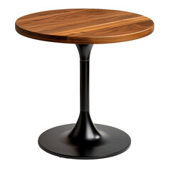 A wooden table with a black base and a round top on a transparent background.