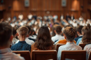 A large audience attentively listens to a speaker in a wooden auditorium, captured from the back in a blurred background focus.