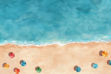 Obraz premium A watercolor painting of a serene beach with colorful umbrellas, sandy shore, and calm blue ocean waves. Perfect for summer themes.