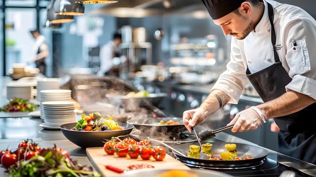 Chef Preparing Gourmet Dish on Live Induction Cooktop During Culinary Competition