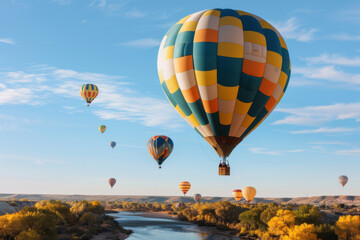Fototapeta premium Colorful hot air balloons soaring over a scenic landscape with a river and autumn trees under a clear blue sky.