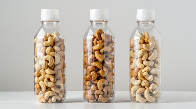 Cashew nuts packaged in plastic bottles against white backdrop
