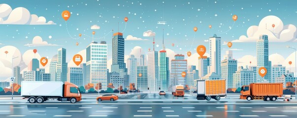 Obraz premium Futuristic City with Autonomous Trucks and Digital Connectivity Icons.