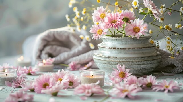 Summer spa vibe with pink daisies and scented pot