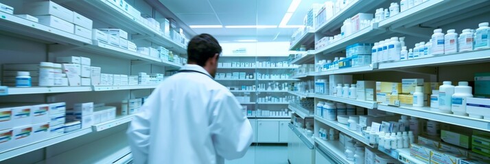 Pharmacist examining medication bottles in a pharmacy aisle. Well-stocked and professional pharmaceutical environment.