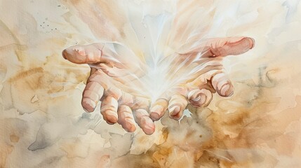 Obraz premium Watercolor painting of God’s hands forming the earth and heavens, with divine light radiating. Creation, divine artistry, spiritual inspiration, celestial artwork, biblical concept.