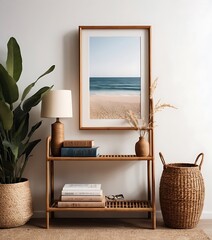 Mock up frame in home interior background, white room with natural wooden table and decor, 3d render