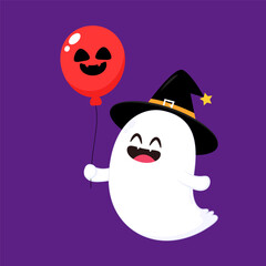 Cute ghost floating with Halloween pumpkin basket for Trick or Treat. Funny spooky boo character. Spook phantom with happy smiling face expression. Isolated kids flat vector illustration.