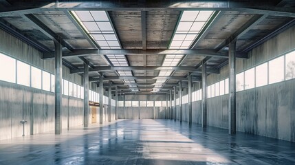 Obraz premium Perspective side view of a modern warehouse under construction with prefabricated cement walls and corrugated metal concrete floor