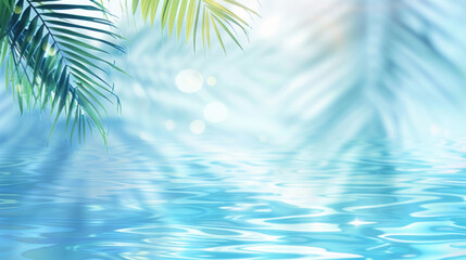 Palm leaves and water ripples against a light blue background create an abstract summer atmosphere.