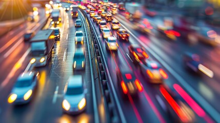 Cars blur as they navigate a bustling highway at dusk