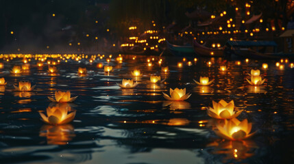 During a festival, lotus lanterns float on the river, creating an enchanting light show over the water.