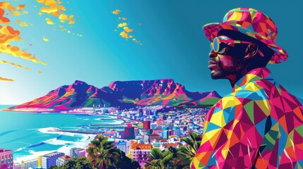 Obraz premium Colorful Minimalist Illustration of Table Mountain Overlooking Cape Town