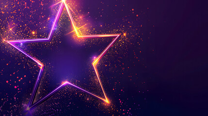 A neon star frame with glowing particles on a dark purple background design