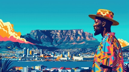 Obraz premium Colorful Minimalist Illustration of Table Mountain Overlooking Cape Town