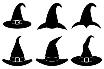 Halloween witch hat black silhouette, Set of different witch hats vector illustration, witch hat silhouette vector  set