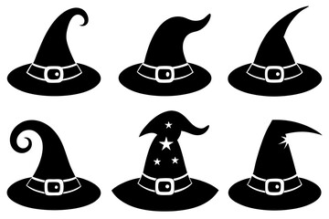 Halloween witch hat black silhouette, Set of different witch hats vector illustration, witch hat silhouette vector  set
