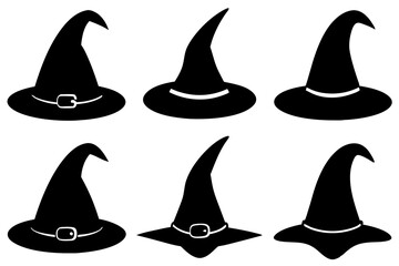 Halloween witch hat black silhouette, Set of different witch hats vector illustration, witch hat silhouette vector  set