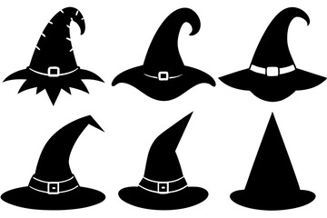 Halloween witch hat black silhouette, Set of different witch hats vector illustration, witch hat silhouette vector  set