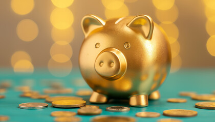 Golden Piggy Bank with Coins on Turquoise Background
