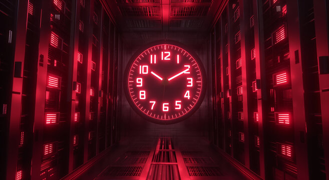 Futuristic Red Clock in Data Center
