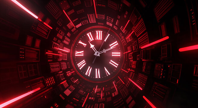 Futuristic Red Clock in Data Center
