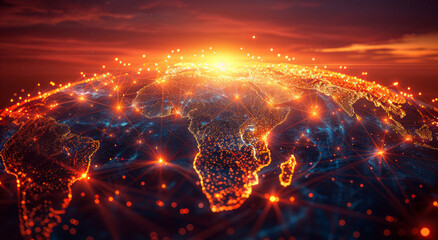 A digital globe highlights global network connections.