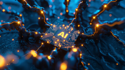 Naklejka premium A digital art illustration features a chip with golden wires and circuitry, centered on the glowing yellow text ?I? set against a dark blue background.