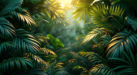 A dark green canopy of many palm tree leaves.