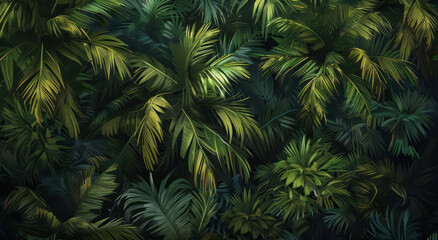 A lush and dense dark green palm tree canopy with vibrant leaves stands against a deep black background.