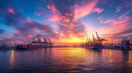 Obraz premium Sunset Over Industrial Port with Cranes 