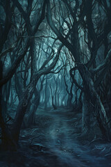 A dark forest with twisted trees and eerie shadows, depicted in an oil painting style, is filled with mystery and intrigue.