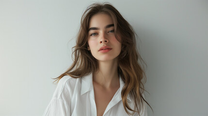 Fototapeta premium A beautiful headshot of a stunning young supermodel woman in her late 20s with flowing hair, green eyes, and full lips against a white background. Ideal for advertising and magazine editor