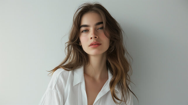 A beautiful headshot of a stunning young supermodel woman in her late 20s with flowing hair, green eyes, and full lips against a white background. Ideal for advertising and magazine editor