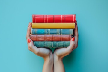 Woman hands holding pile of books over light blue background. Education, library, science, knowledge, studies, book swap, hobby, relax time