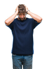 Handsome hispanic model man wearing winter sweater over isolated background suffering from headache desperate and stressed because pain and migraine. Hands on head.