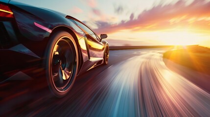Black sports car speeds down winding road at sunset