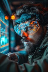Close-up of an engineer using augmented reality goggles to analyze complex data, showcasing advanced technology in a high-tech environment.