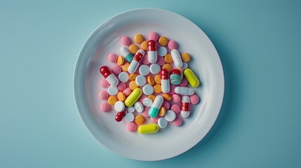 Photorealistic top view shot of a white plate filled with colorful medicine pills on a blue background, octane render, ultra realistic, 4k, illustration background