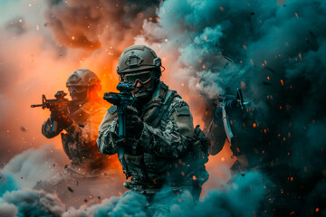 Fototapeta premium Military Soldiers in Smoke During Daytime Training Exercise