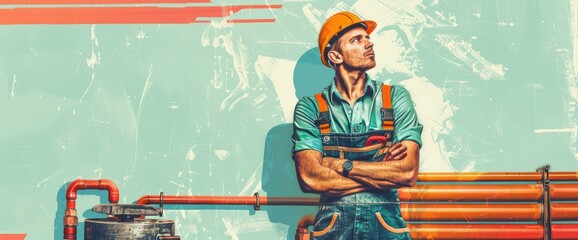 A plumber in uniform is leaning against the pipes He is wearing a hard hat and has his arms crossed He is looking off to the side. AIGZ01