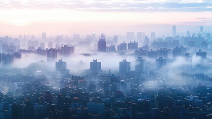 A city skyline in the early morning, with soft light illuminating the cityscape and creating a serene urban scene.